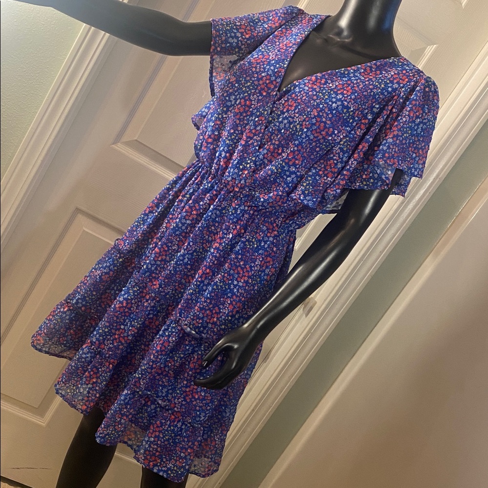 Peach Love California Blue Red Yellow White Sheer Floral Mini Dress - Picture 5 of 15